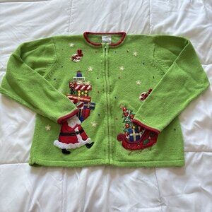 Vintage 90s Y2K Womens Girls Full Zip Sweater Christmas Holiday Santa Green